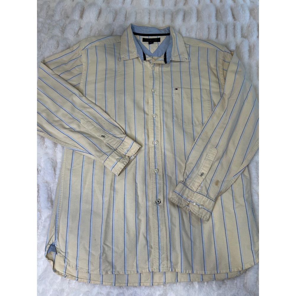 Tommy Hilfiger Mens Large Yellow Blue Striped Long Sleeve Button Down Shirt